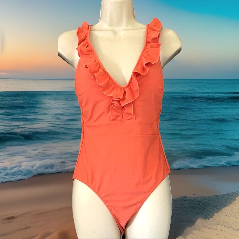 CUPSHE Women's Coral One Piece Padded Ruffled Criss Cross Swimsuit Medium NWT